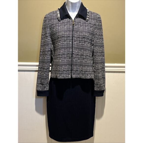 Vtg St John 2pc Skirt Suit Navy Blue Santana Knit Zip Front Jacket Size 2 Fringe - Picture 1 of 16